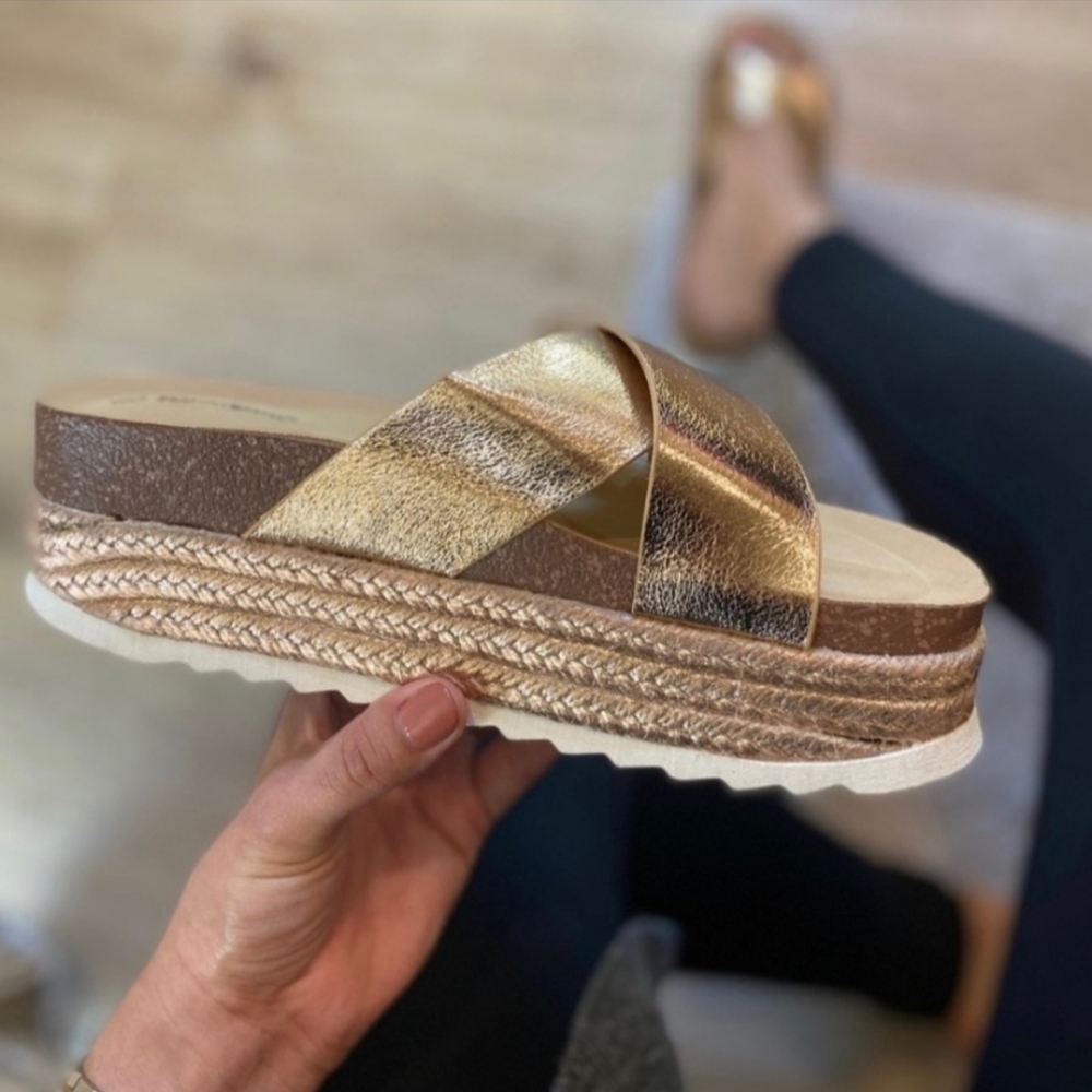 ❤️ 1 left ❤️ Metallic Rose Gold Criss Cross Platform Espardrille Sandals Wedges - Picture 5 of 5